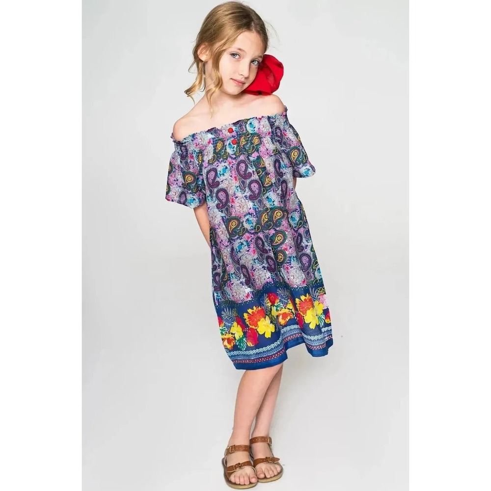 Yo Baby Girls Paisley Floral Smocked Off Shoulder Cotton Dress Blue NWT Size 3